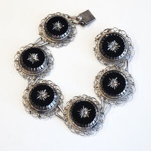 Vintage Onyx Sterling Silver Bracelet Etched Star Center Filigree Framed Bezels